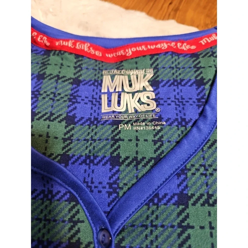 Muk Luks WOMEN PM Blue Green Plaid Cloud Knit Henley Pajama Top And‎ Bottom...